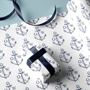 Nautisk Ankare Monogram Vitt Marinblått Presentpapper