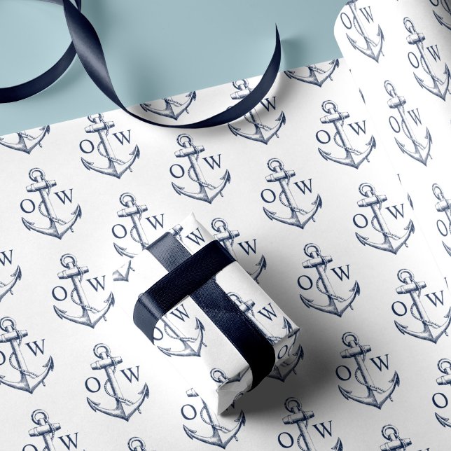 Nautisk Ankare Monogram Vitt Marinblått  Presentpapper (Skapare uppladdad)