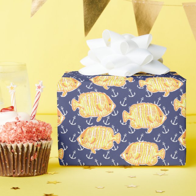 Nautisk ankare och tropisk fisk Mönster Presentpapper (Födelsedagsfest)