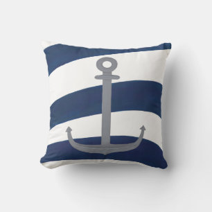 Nautisk ankare på Blue and White Vågigt Rand Kudde