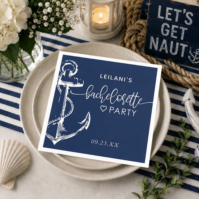 Nautisk Ankare Sjungande Blå Pappersservett (Navy nautical anchor bachelorette party napkin for the seaside bride to be.)