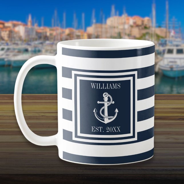Nautisk ankare vid personlig Namn, blå Rand Kaffemugg (Personalized Name Navy Blue Stripe Nautical Anchor Coffee Mug)