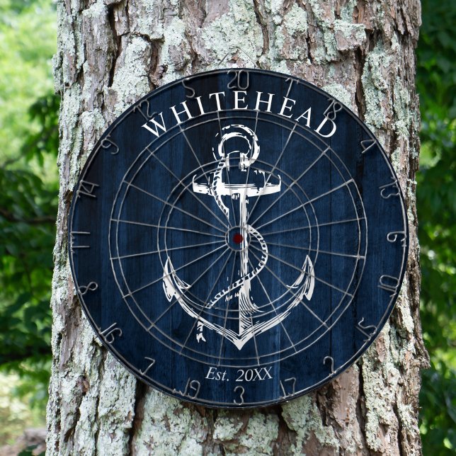Nautisk Ankarmonogram Marinblå Trä Darttavla (Personalized nautical anchor design. Great for a family reunion, wedding, or family gift.)