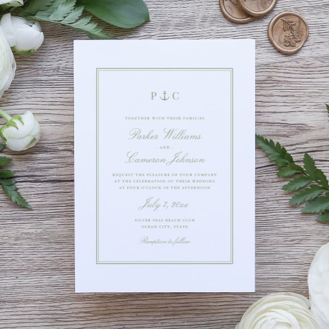 Nautisk Ankarmonogram Sagegrön Bröllopsinbjudan Inbjudningar (Nautical Anchor Monogram Wedding Invitation in elegant Sage Green by Coastal Map Designs)