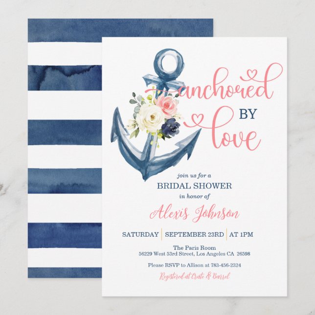 Nautisk ankarplats efter Kärlek Möhippa (Rosa) Inbjudningar (Fram/baksida)