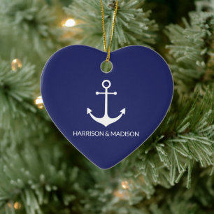 Nautisk ankarpunkt, marinblått anpassningsbar namn julgransprydnad keramik