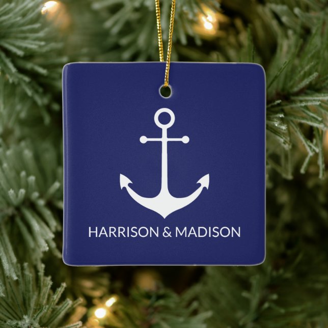 Nautisk ankarpunkt - marinblått anpassningsbar par julgransprydnad keramik (Träd)