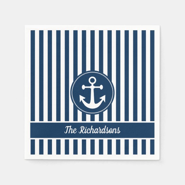Nautisk Ankarrep Navyblå Ränder Anpassad Pappersservett (Framsidan)