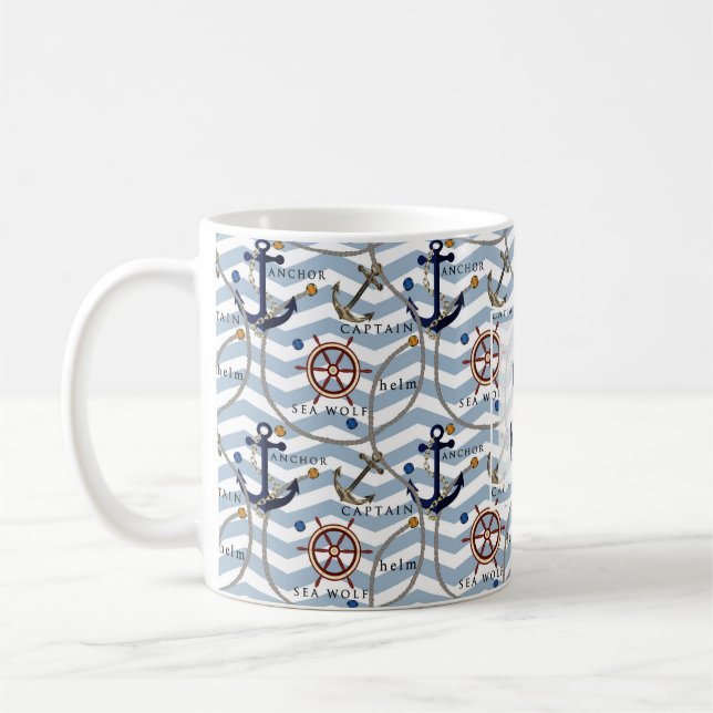 Nautisk ankarroder blå vit rand zigzag kaffemugg (Vänster)