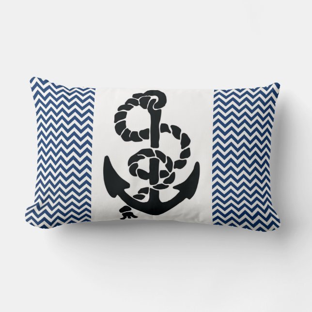 NAUTISK/ANKOR OCH ROPE,NAVY BLUE WHITE CHEVRONS LUMBARKUDDE (Framsida)