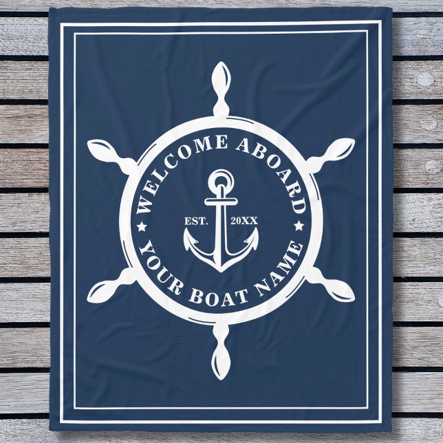 Nautisk Anpassningsbar Boat Namn Anchor Wheel Navy Fleecefilt (Nautical Custom Boat Name Anchor Wheel Navy Blue Fleece Blanket)