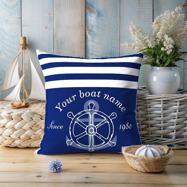 Nautisk Anpassningsbar Boat Namn Anchor Wheel Navy Kudde (Skapare uppladdad)