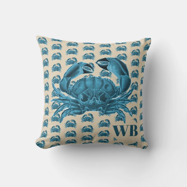 Nautisk Anpassningsbar, Monogram Crab i Blue och T Kudde (Framsida)