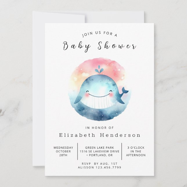 Nautisk Anpassningsbar Whale Baby Shower Inbjudningar (Framsida)