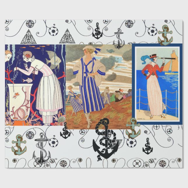 NAUTISK ART DECO SKÖNHEET MODE MED ANKARE PRESENTPAPPER (Platt)