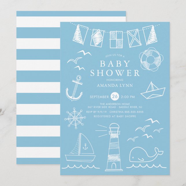 Nautisk baby shower för pojke inbjudningar (Fram/baksida)