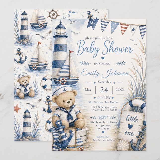 Nautisk baby shower inbjudningar (Fram/baksida)