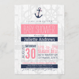 Nautisk baby showerinbjudan, flickarosablått inbjudningar