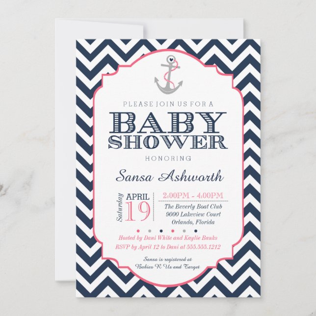 Nautisk baby showerinbjudan, sparrerosablått inbjudningar (Framsida)