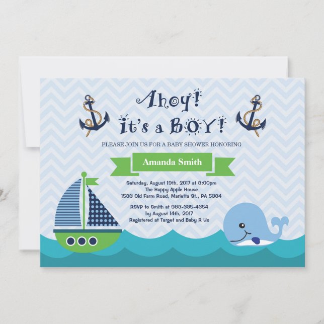Nautisk baby showerinbjudanmarin Gree och blått Inbjudningar (Framsida)
