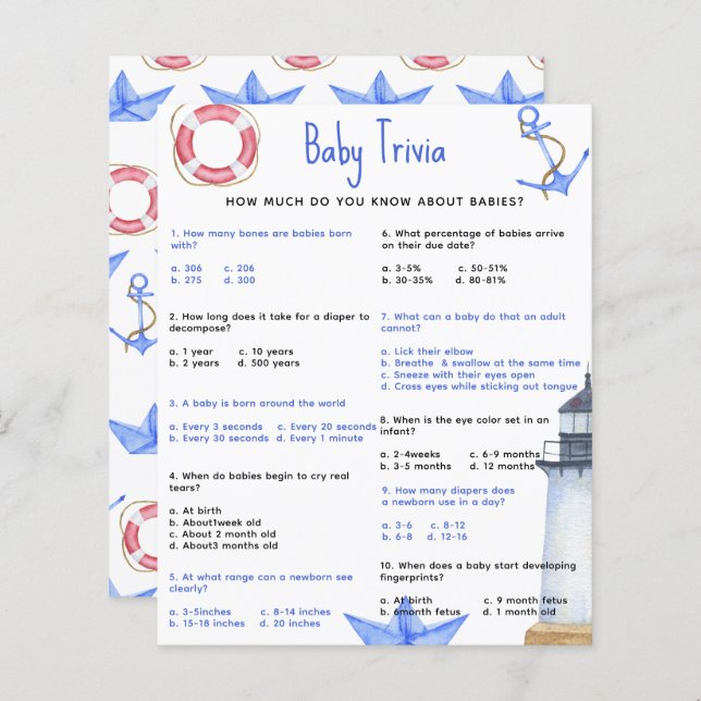 Nautisk baby trivia | Baby shower spel (Fram/baksida)