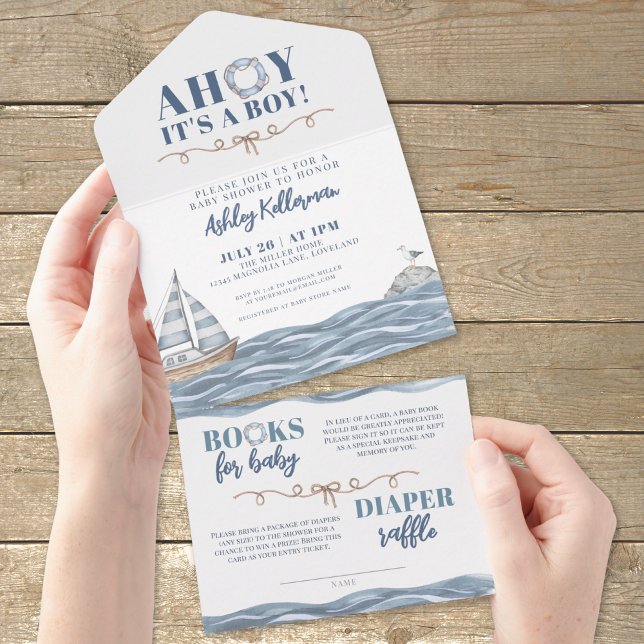 Nautisk Babyfest för Havets Pojke (Nautical Ocean Boy Baby Shower All in One Invitation)