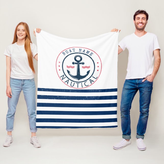 Nautisk, båtnamn, ankare marinblå ränder fleecefilt (På plats)