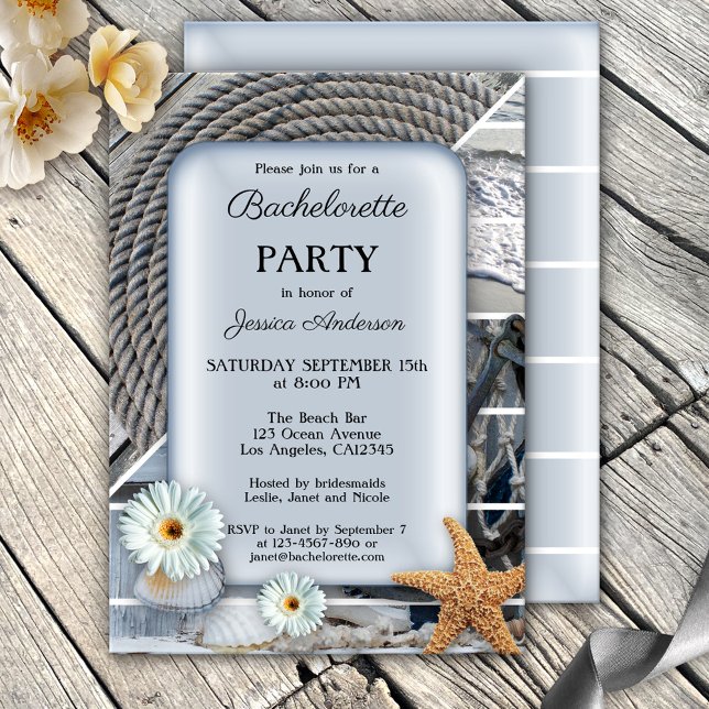Nautisk Beach Bachelorette-partiets inbjudan (Nautical bachelorette party invitation featuring starfish, shells, rope and beach images)