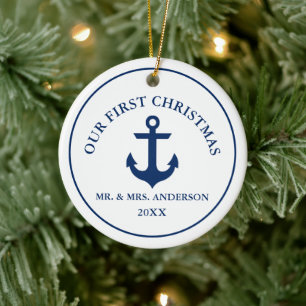 Nautisk blå ankare vår första jul julgransprydnad keramik