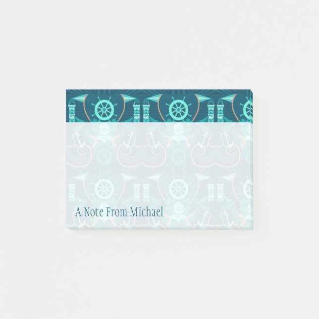 Nautisk blå design| Lägg till ditt namn Post-it Block (Framsida)