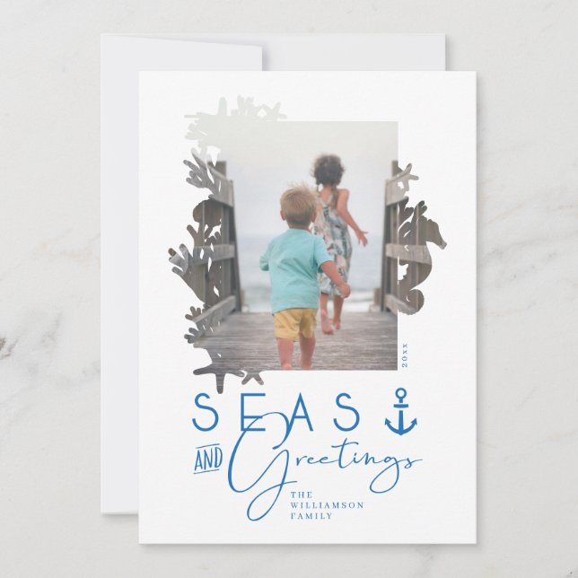 Nautisk blå hav och Hälsning Oceanfoto Ram Julkort (Framsida)