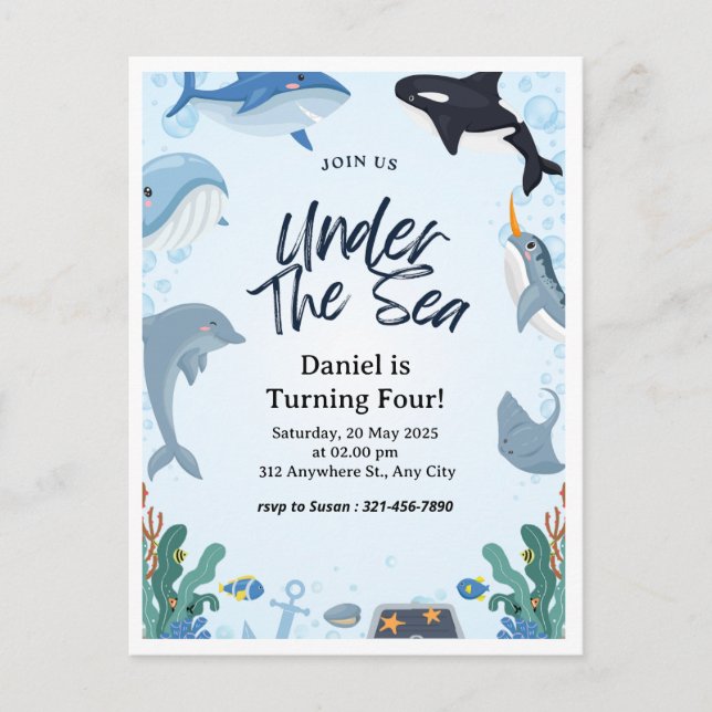 Nautisk blå hav under havet delfin födelsedag vykort (Framsida)