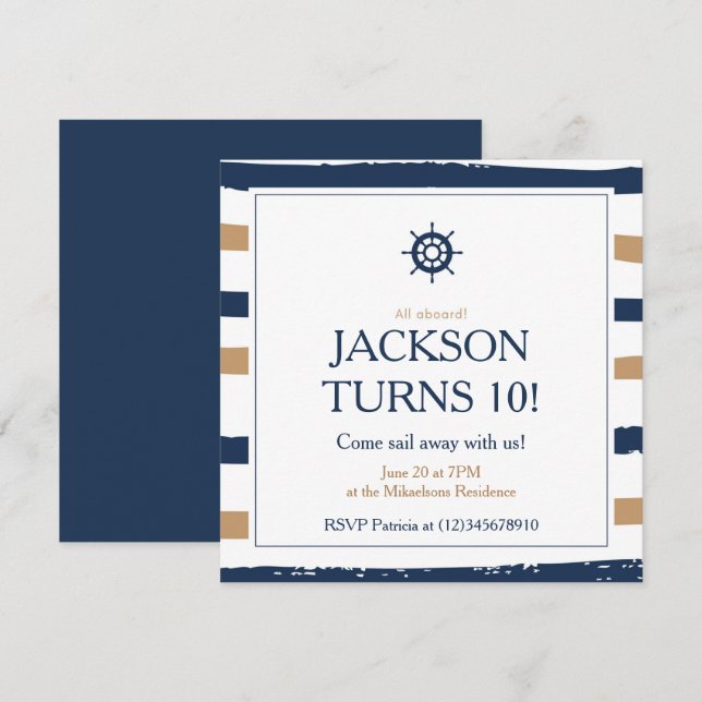 Nautisk blå och Guld Födelsedagsfest Inbjudningar (Fram/baksida)