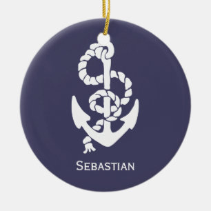 Nautisk blå och vit Fraktas, ankare och påve Julgransprydnad Keramik