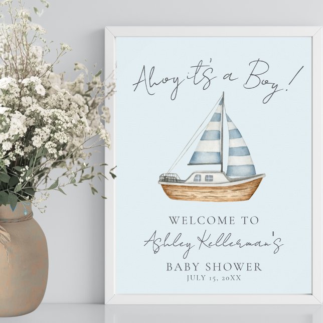 Nautisk blå pojke baby shower välkomstskylt poster (Nautical Blue Boy Baby Shower Welcome Sign)