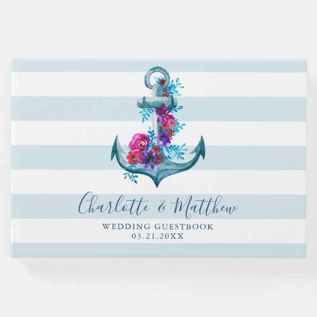 Nautisk blå Rand vattenfärgsankchor Bröllop Gästböcker (Framsida)