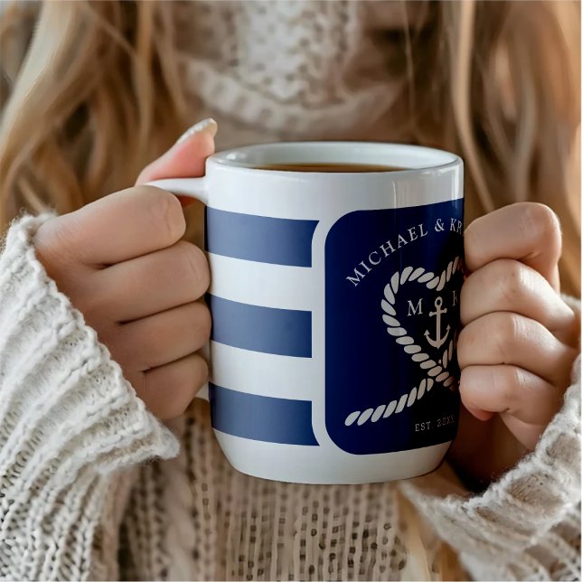 Nautisk blå randig hjärtrep anchor bröllop kaffemugg (Nautical Blue Striped Heart Anchor Wedding Coffee Mug
)