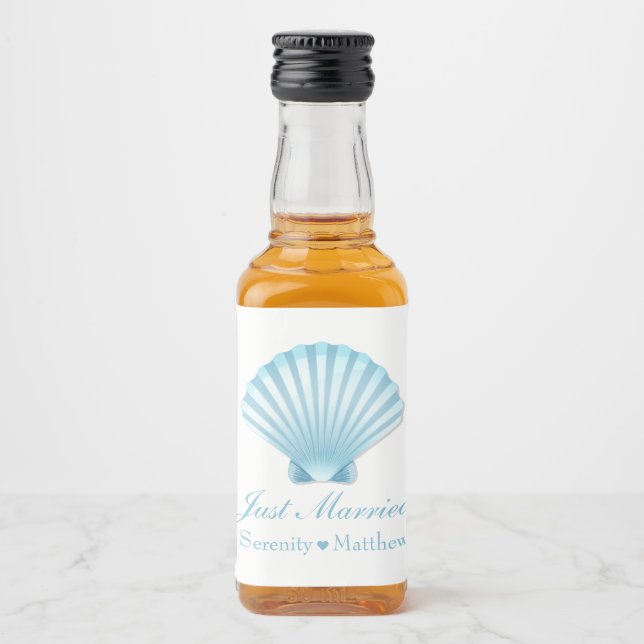 Nautisk blå Snäcka Beach Ny gifta Bröllop Spritflaskor Etikett (Framsida)