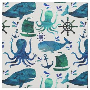 Nautisk blåhavsfärg Octopus Shark Marine Fish Tyg