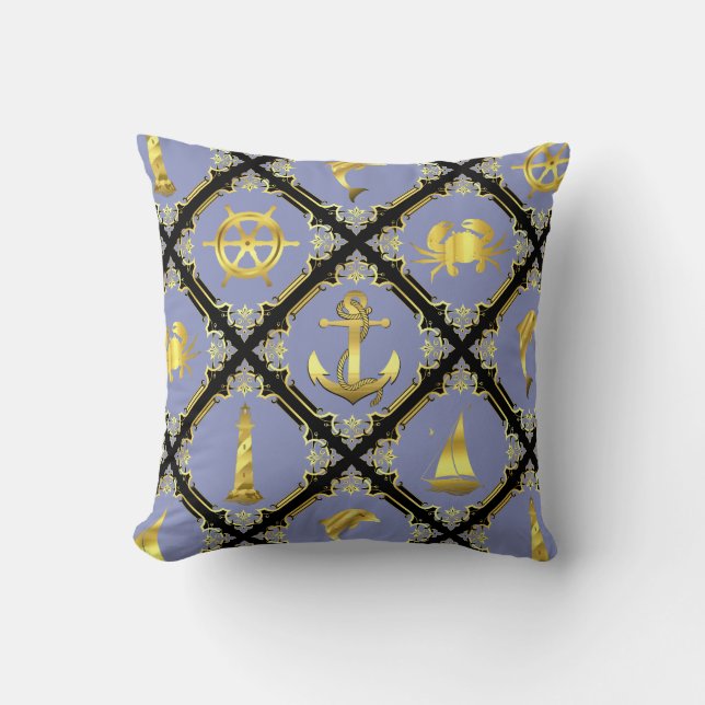 Nautisk blått/guld/delfin/segelbåt/ankare/krabba kudde (Framsida)