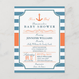 Nautisk blått och Orange Anchor Baby Shower Inbjudan Vykort