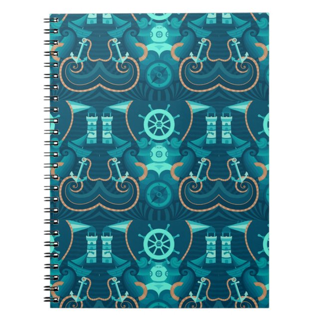 Nautisk blåttdesign anteckningsbok med spiral (Framsidan)