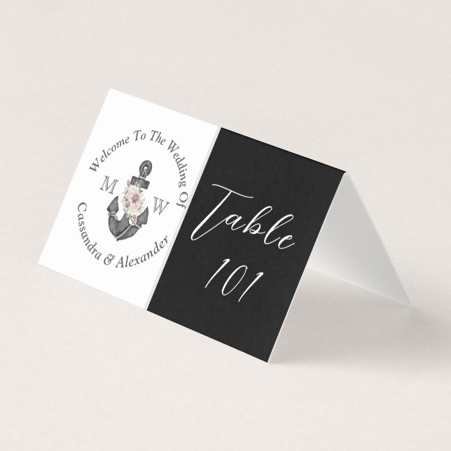 Nautisk Blommigt Anchor Bröllop Black and White Kort (Framsida)