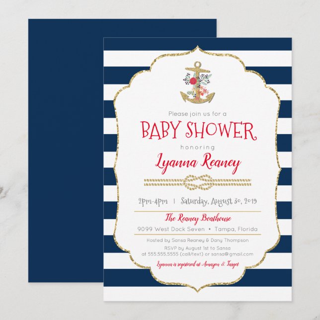 Nautisk Blommigt Anchor Navy Blue Baby Shower Inbjudningar (Fram/baksida)