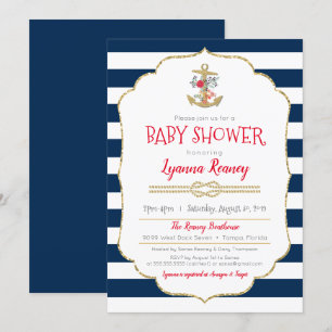 Nautisk Blommigt Anchor Navy Blue Baby Shower Inbjudningar