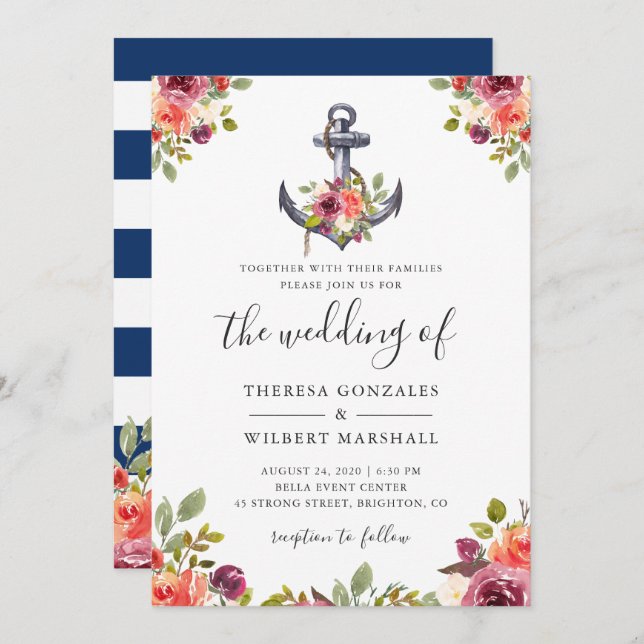 Nautisk Blommigt Anchor Navy Blue Rand Bröllop Inbjudningar (Fram/baksida)