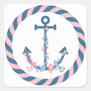 Nautisk Blommigt Anchor Rosa & Navy Flowers & Rope Fyrkantigt Klistermärke