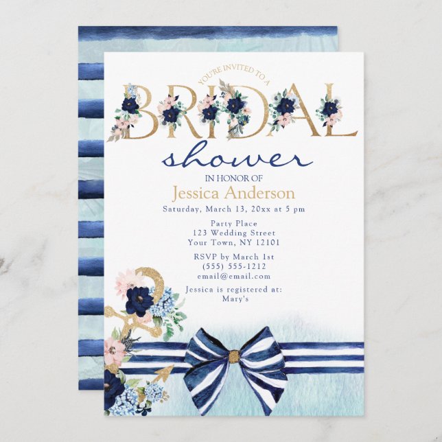 Nautisk Blommigt Royal Blue och Guld Möhippa Inbjudningar (Fram/baksida)