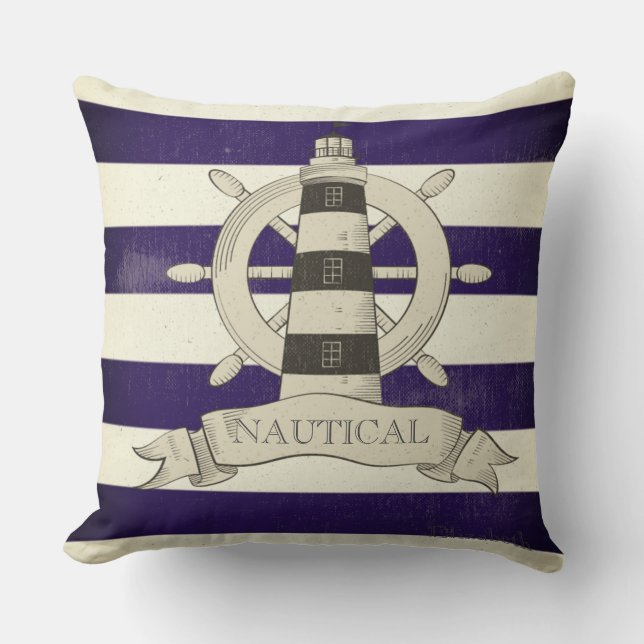 Nautisk,Boat Wheel,Blue och White Rand Kudde (Framsida)