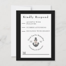 Nautisk Bröllop Blommigt Anchor Black and White OSA Kort